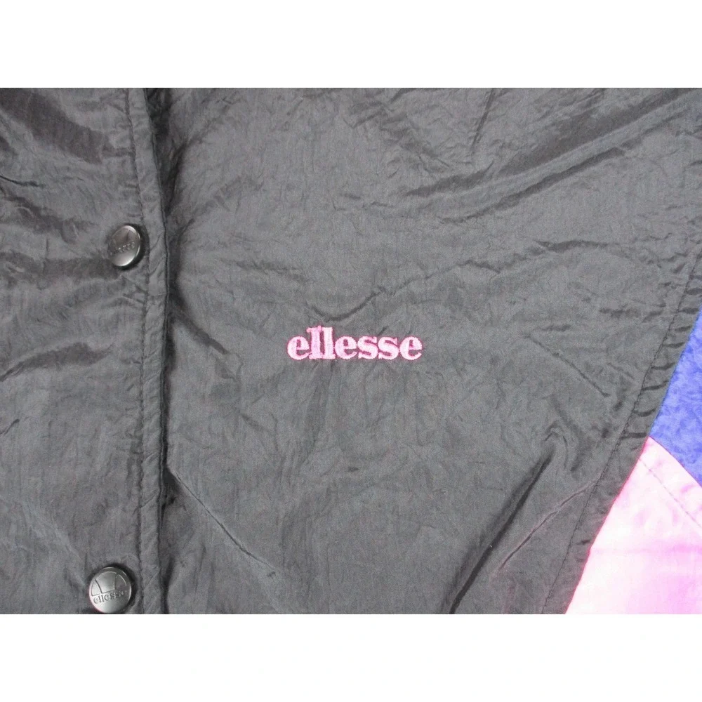 VTG Ellesse Jacket Womens Large Black Pink Colorblock Windbreaker Lined Coat